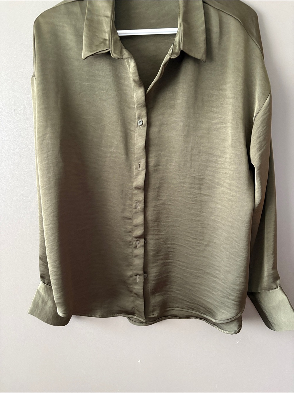 Vero Moda Drop Shoulder Olive Green Satin Button-Up Shirt